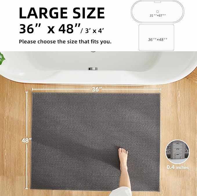 Large Bathroom Rugs Non Slip Washable Bath Rugs Super Absorbent Bathroom Rug Thin Quick Dry Low Pile Bath Mats, Dark Grey 36"x48"