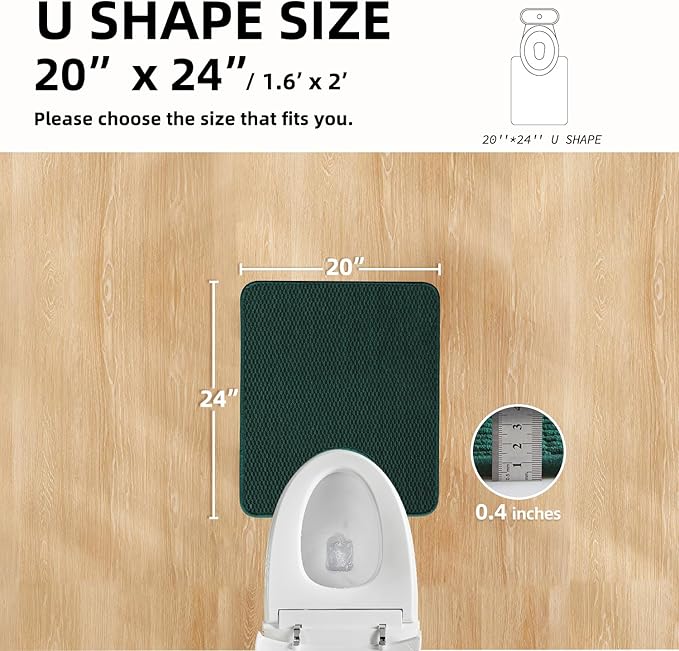Toilet Rug, Thin Toilet Rugs U Shaped Washable Non Slip Absorbent Quick Dry Low Pile Toilet Mat, Dark Green 20"x24" U Shape