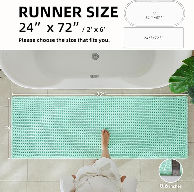 Waffle Runner Rug Bathroom, Long Boho Bathroom Rugs Non Slip Washable Super Absorbent Quick Dry Cute Bath Mat Farmhouse Bath Decor, 72"x24" Aqua Blue