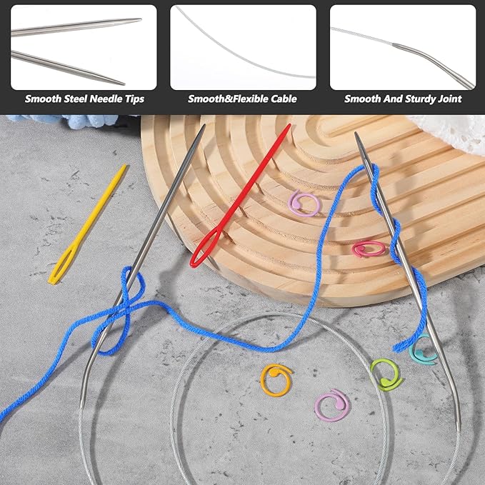 Sibba 31.5 Inch Stainless Steel Circular Knitting Needles, 3.5mm Round Ergonomic Metal Needle Set with Blunt Needle and Stitch Markers, Knitting Needles for Hats, Gloves, Sleeves, Socks