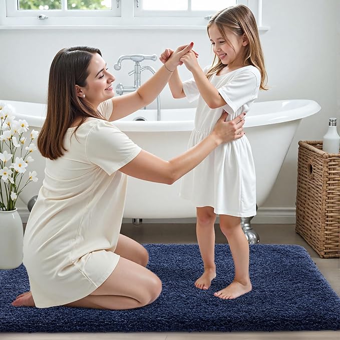 Bathroom Rugs 24x48 Non Slip Navy Fluffy Bath Mat for Bathroom Floor Washable Plush Luxury Bath Rug for Tub Soft Shaggy Absorbent Shower Sink Mat