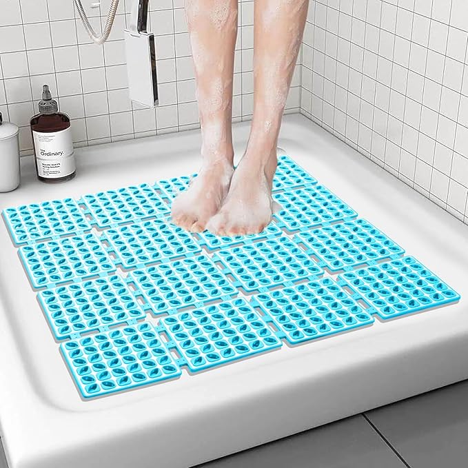 Shower Mat Non Slip，24"X24" Bathtub Mat Non Slip Square Shower Mats for Inside Shower with Drain Holes Suction Cups, Quick Drain, TPE Shower Floor Mat for Elderly & Kids (Blue)