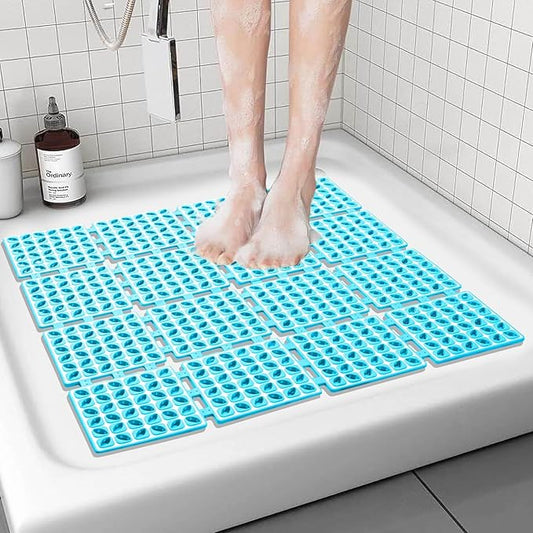 Shower Mat Non Slip，24"X24" Bathtub Mat Non Slip Square Shower Mats for Inside Shower with Drain Holes Suction Cups, Quick Drain, TPE Shower Floor Mat for Elderly & Kids (Blue)