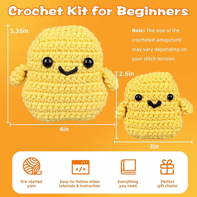 WaldyWop Crochet Kit for Beginners Kids: 2 PCS Easy Complete Knitting Kit with Step by Step Video & Written Tutorials, Soft Yarns (Extra 40%), Hook - Birthday Gift Set for Girls (Chicken Nuggets)