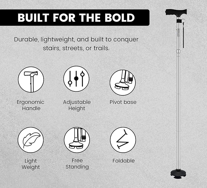 Walking Cane for Men & Women – Foldable, Adjustable, Self-Standing Cane with 360° Pivot Base, Comfortable Grip, Heavy Duty Canes for Women, Collapsible Walking Stick with Travel Bag for Seniors Adults