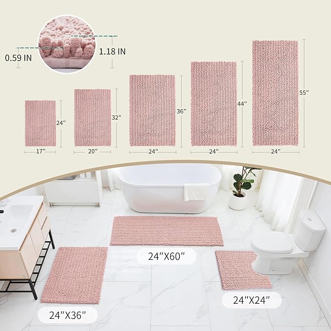 Non Slip Bathroom Rug Machine Washable Thick Pink Bath Mat 24x44 Soft Absorbent Bathroom Floor Mat Chenille Bath Rug for Shower Tub