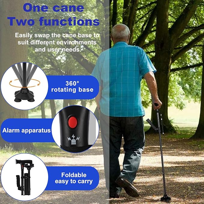 Cane Hero Walking Cane, Ready Walker Cane with Light and Alarm, Smart Walking Cane for Women, Adjustable Suitable for Arthritis Disabled and Elderly, with Cushioned T Handle and Swivel Four Pedestal