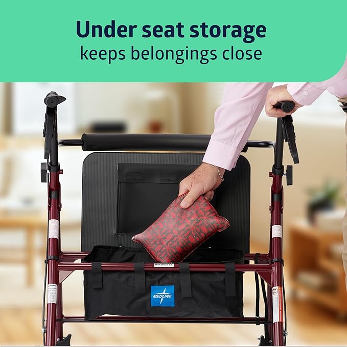 Medline Large Steel Bariatric Rollator Walker with Adjustable Handles, Padded Seat & Backrest, Burgundy, 500 lb. Weight Capacity, Foldable, Under Seat Storage, 8" Wheels, For Seniors & Adults