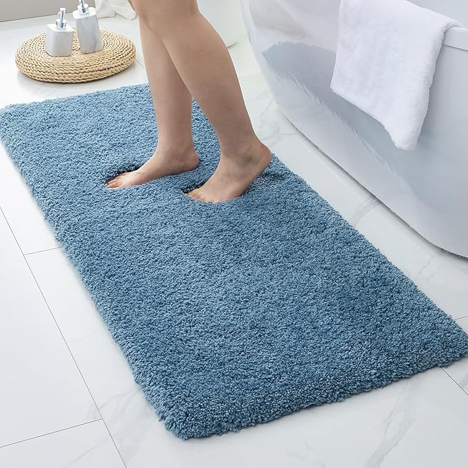 Blue Bathroom Runner Rug 24x70 Non Slip Fluffy Long Bath Mat for Bathroom Floor Washable Plush Luxury Large Bath Rug for Tub Absorbent Runner Rug for Bedside