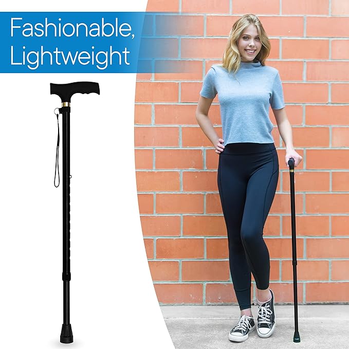 RMS Walking Cane - Adjustable Walking Stick - Lightweight Aluminum Offset Cane with Ergonomic Handle and Wrist Strap - Ideal Daily Living Aid for Limited Mobility
