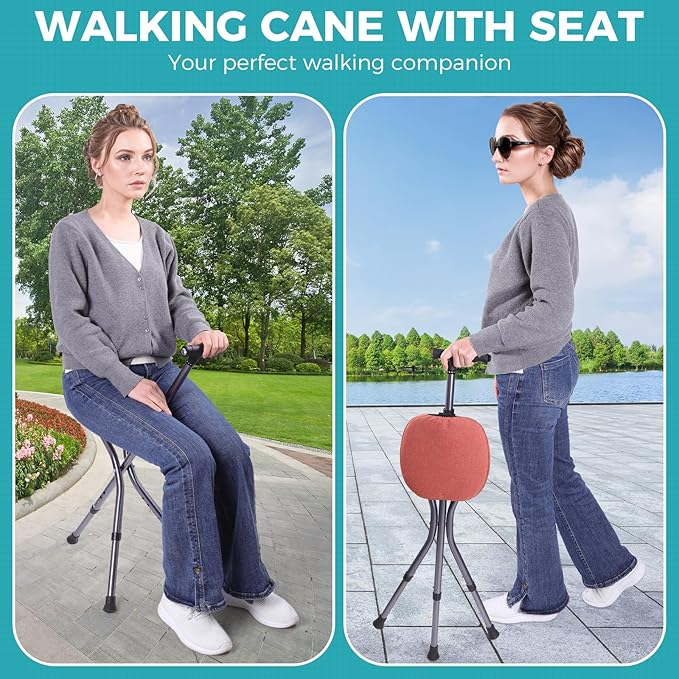 Portable Adjustable Folding Walking Cane with Seat and Cushion，Cane seat for Seniors with Magnetic Massage Handle, Lightweight Walking Cane with LED Light，Supports up to 330 Pounds