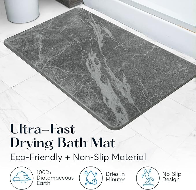 SUTERA - Stone Bath Mat, Diatomaceous Earth Shower Mat, Non-Slip Super Absorbent Quick Drying Bathroom Floor Mat, Natural, Easy to Clean (23.5 x 15 Slate)