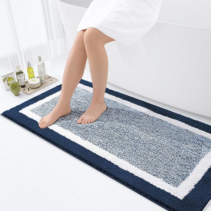OLANLY Bathroom Rugs 47x24, Extra Soft and Absorbent Microfiber Bath Mat, Non-Slip, Machine Washable, Quick Dry Shaggy Bath Carpet, Suitable for Bathroom Floor, Tub, Shower (Runner, Navy)