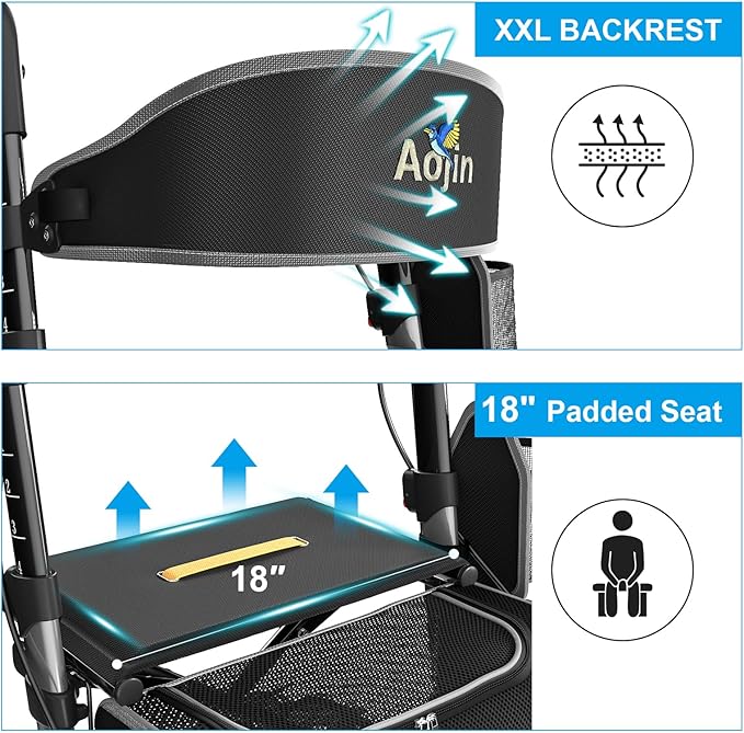 Walkers for Seniors, Rollator Walker with Seat, 350 lb Weight Capacity, 18" Big Seat, 8" All-Terrain Wheels, 6-Level Adjustable Height, Lightweight Aluminum Frame Rollator Walkers for Seniors (Gray)
