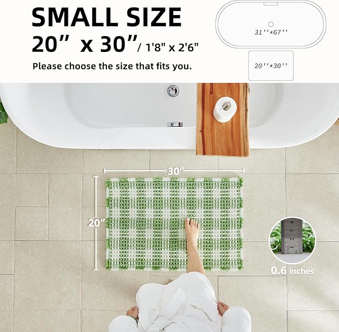 Waffle Bath Mat, Boho Bathroom Rugs Non Slip Washable Absorbent Checkered Bathroom Mat Quick Dry Cute Christmas Bath Mat, 30"x20" Green and White