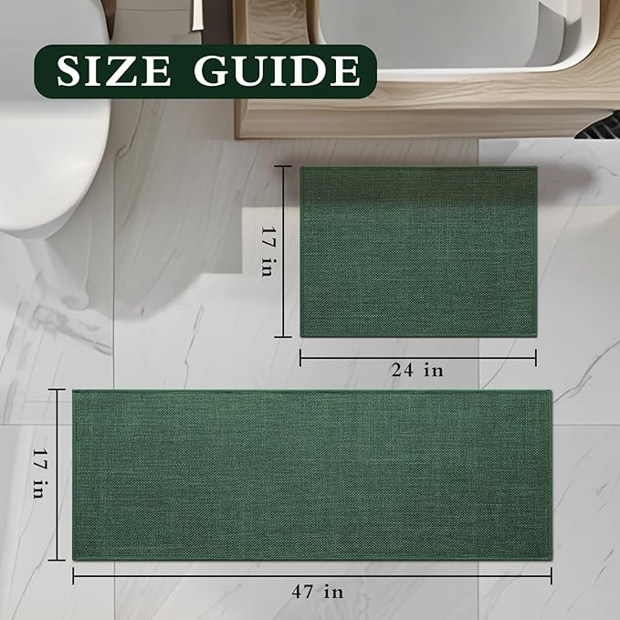 YIHOUSE Green Bathroom Rug Set, 2 Piece, 17"x24" + 17"x47", Non Slip, Quick Dry, Modern Boho Style