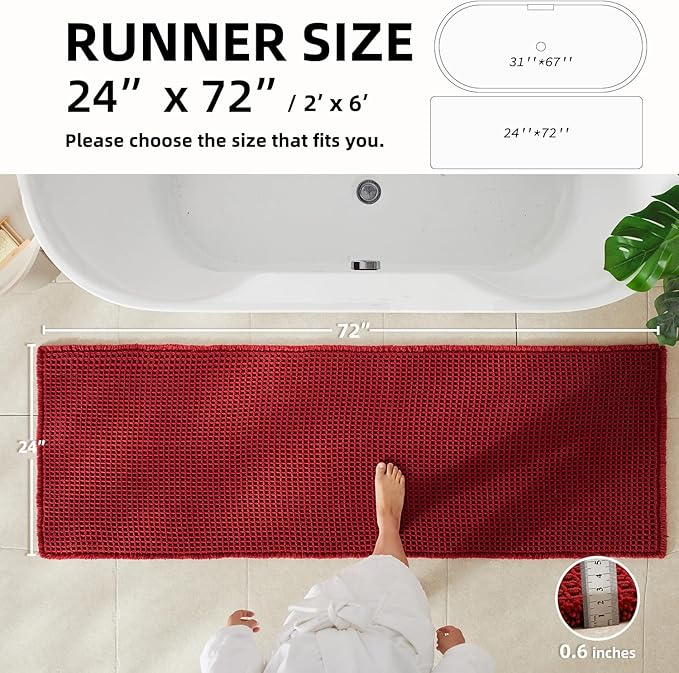 Waffle Runner Rug Bathroom, Long Boho Bathroom Rugs Non Slip Washable Super Absorbent Quick Dry Farmhouse Bath Decor, 72"x24" Burgundy