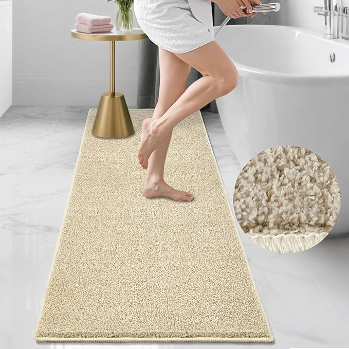 HDFK Bath Mat Runner Rug Non Slip 60x24 Inches Bathroom Rugs 2 Tone Plush Chenille Medium Pile with TPR Backing | Ultra Absorbent Solid Khaki | Long Mats for Tub Side Wet Dry Transition Zone Decor