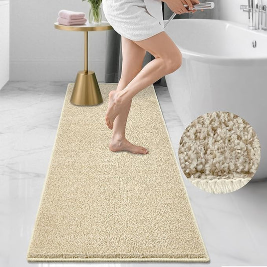 HDFK Bath Mat Runner Rug Non Slip 60x24 Inches Bathroom Rugs 2 Tone Plush Chenille Medium Pile with TPR Backing | Ultra Absorbent Solid Khaki | Long Mats for Tub Side Wet Dry Transition Zone Decor
