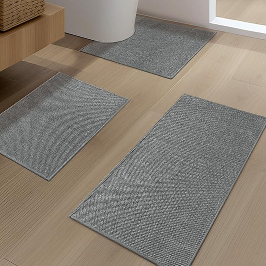 YIHOUSE Grey Bathroom Rug Sets 3 Piece, Absorbent Bath Mat for Bathroom Non Slip Washable, Bathroom Mat Quick Dry, Thin Bath Rug Set for Toilet and Floor