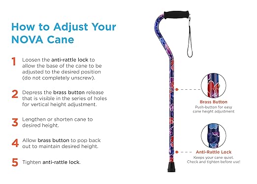 Nova Joy Designer Offset Quad Cane for Seniors - Unisex Adjustable Lightweight Walking Aid with Foam Handle, Wrist Strap and Anti-Rattle Lock - Essential Mobility Support - Black