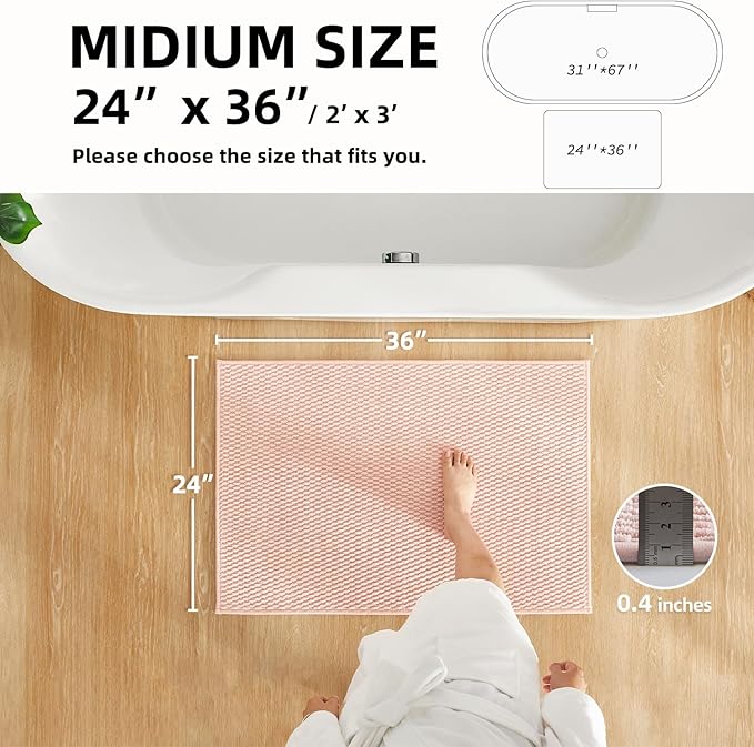 Bathroom Rugs Non Slip Washable, Super Absorbent Thin Bath Mat Quick Dry Low Pile Bathroom Rug, Pink 24"x36"