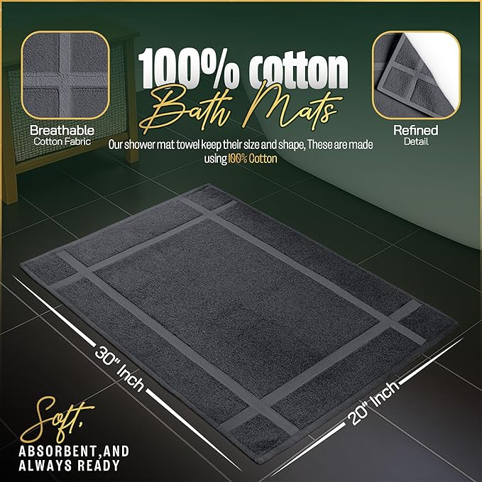 Pearl Linens 100% Ring Spun Cotton Bath Mat (Pack of 6) 20 x 30 Inch, Washable, Soft & Absorbent Terry Bathroom Floor Mat – Not Bathroom Rugs – Quick-Dry After Shower Bath Mat, 687 GSM, Dark Grey