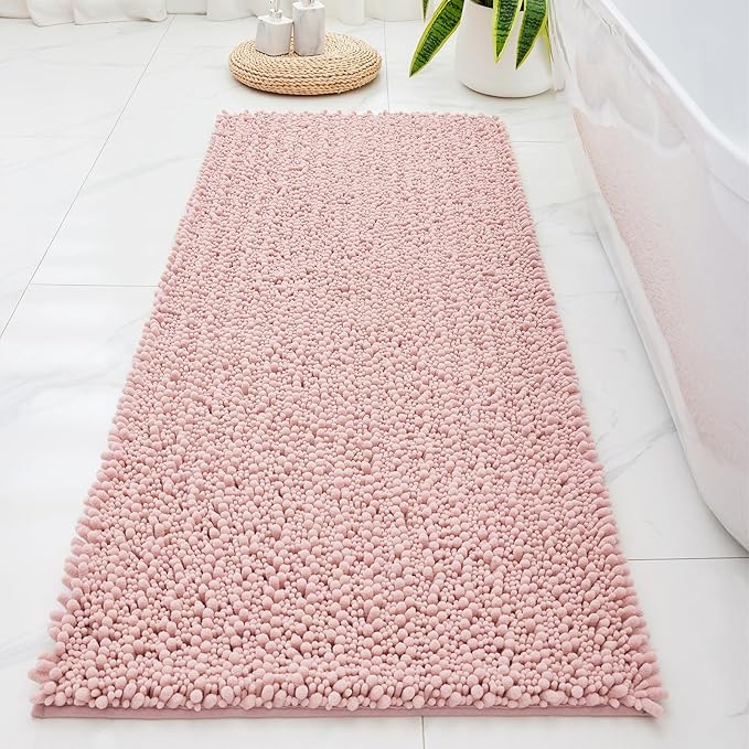 Bathroom Runner Rug 24x70 Non Slip Washable Long Bath Mat for Tub Thick Soft Absorbent Bathroom Floor Mat Large Chenille Bath Rug for Shower, Pink