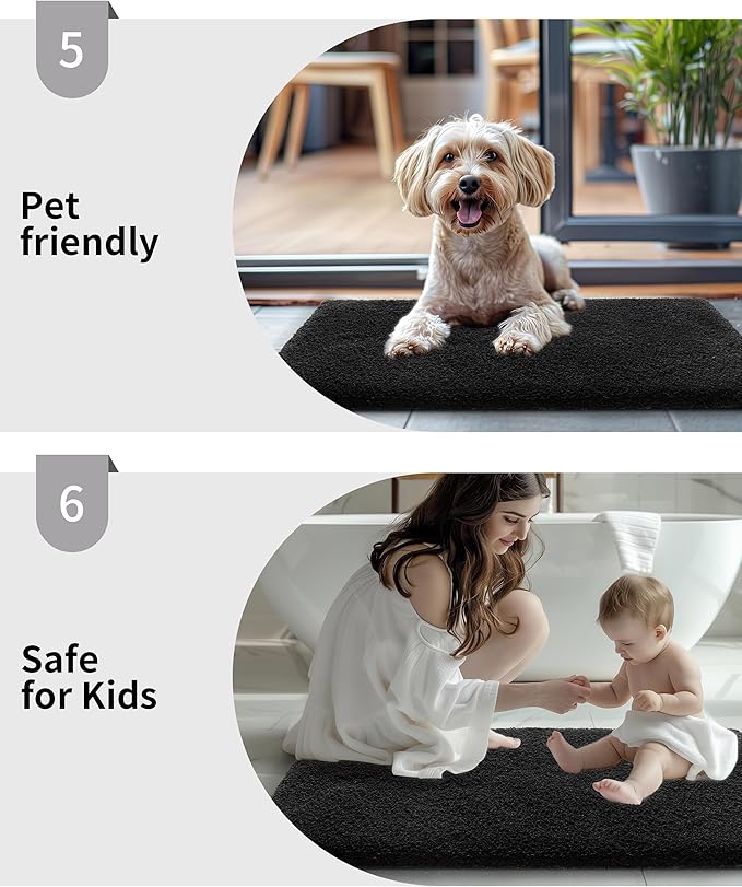 Small Bathroom Rug 17x24 Non Slip Black Fluffy Bath Mat for Bathroom Floor Washable Plush Luxury Bath Rug for Tub Soft Shaggy Shower Mat