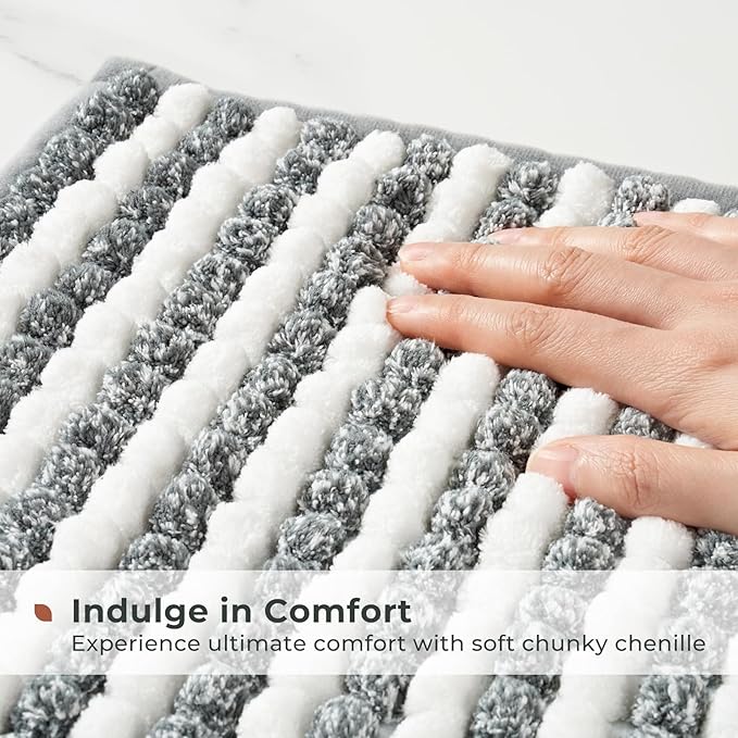 FRESHMINT Chunky Ombre Chenille Bathroom Rug 24"x36", Large Water Absorbent Soft Bath Rugs for Bathroom Floor, Thick Non Slip Bath Mat Washable Quick Dry Shower Mats, Gray and White