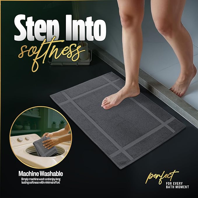 Pearl Linens 100% Ring Spun Cotton Bath Mat (Pack of 6) 20 x 30 Inch, Washable, Soft & Absorbent Terry Bathroom Floor Mat – Not Bathroom Rugs – Quick-Dry After Shower Bath Mat, 687 GSM, Dark Grey