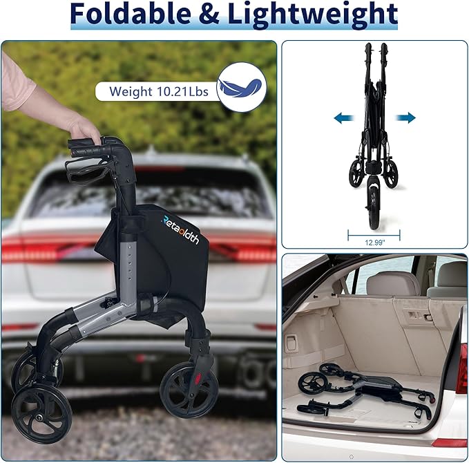 Premium 3 Wheel Rollator Walker for Seniors, Lightweight Foldable Elderly Three Wheeled Rollator with Storage Bag, Aluminum Mobility Aid Rolling Walker