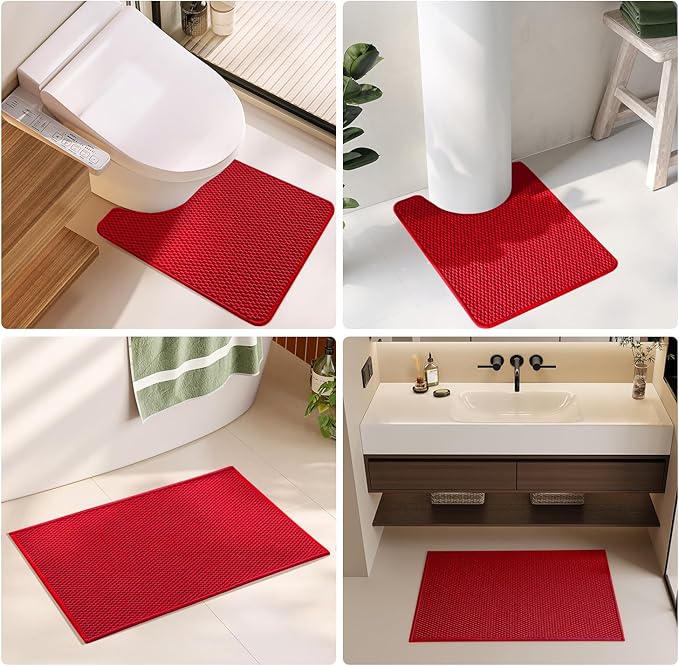 Christmas Bathroom Rugs Non Slip Washable, Super Absorbent Thin Bath Mat Quick Dry Low Pile Bathroom Rug, Red 24"x36"