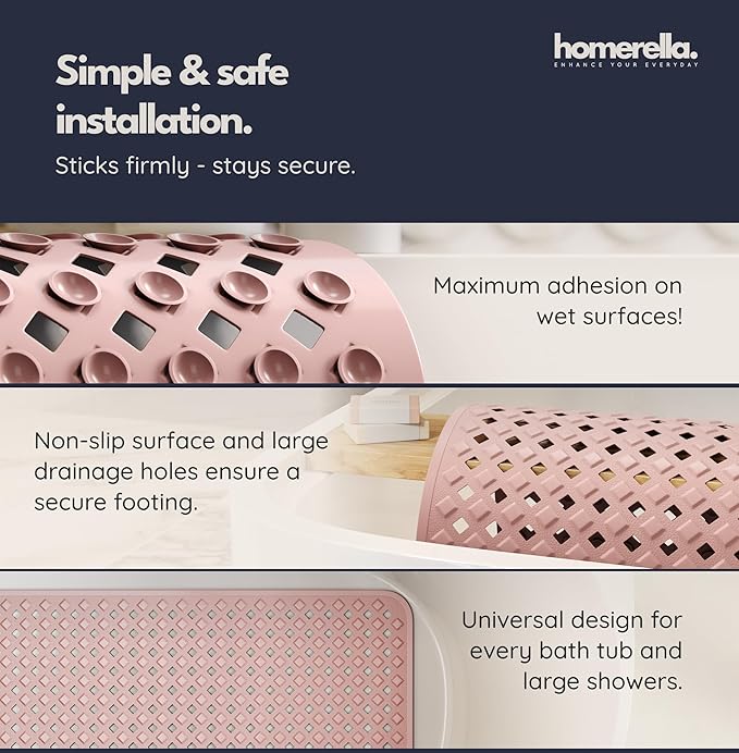 homerella® Bathtub Mat Non Slip 35x16, Incl. Hooks for Drying, Extra Long, 100% BPA Free, Shower Mat Non Slip Anti Mold, Machine Washable, Shower Mats for Inside Shower Mildew Resistant
