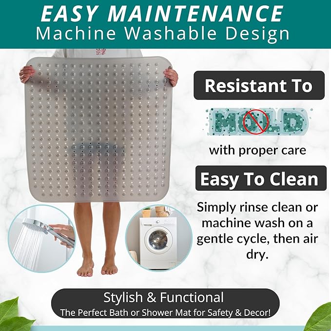 ENKOSI Extra Large Square Non Slip Shower Mat - 31 x 31-inch XL Bathroom Shower Mat - Square Shower Matts for Shower Stall Floors | Secure Suction Cups and Drain Holes (31x31 Clear Gray)