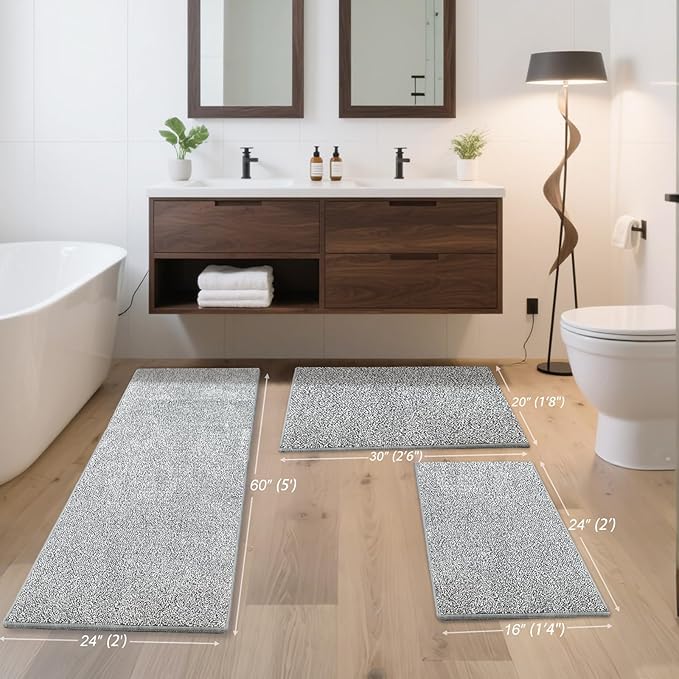 HDFK Bath Mat Non Slip 24x16 Inches 2 Tone Chenille Soft Medium Pile with TPR Backing | Absorbent Shower Rug | Light Gray Stain Hiding Bathroom Rugs for Wet Dry Transition Zone Front Decor