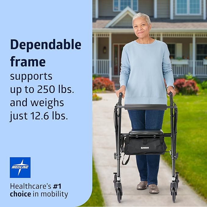 Medline Superlight Aluminum Rollator, Black - Ultra-Lightweight, Foldable & Durable Mobility Walker
