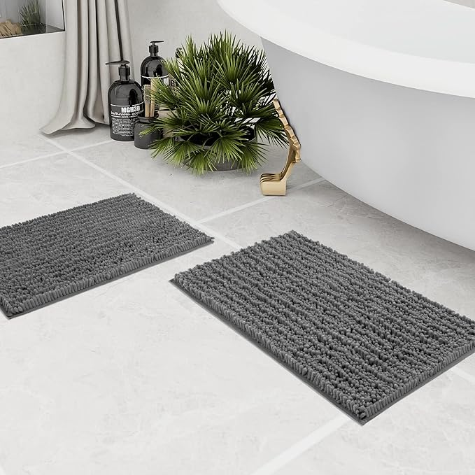 Walensee Bathroom Rug 2 Pieces Set Non Slip Bath Mat (17x24 Plus 20x32 Inch Grey/Gray) Water Absorbent Super Soft Shaggy Chenille Machine Washable Dry Extra Thick Perfect Carpet for Shower Floor