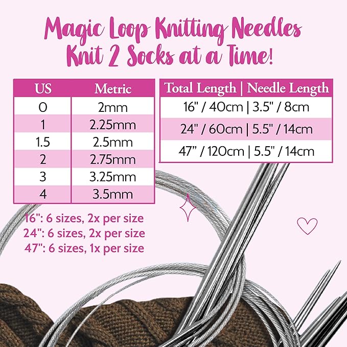 KnitPal 24-in(60cm) Metal Circular Knitting Needles Set Two Circular Method - 12 Pcs, 6 US Sizes: 0/2mm,1/2.25mm,1.5/2.5mm,2/2.75mm,3/3.25mm,4/3.5mm - Free Patterns & eBook for Knitters