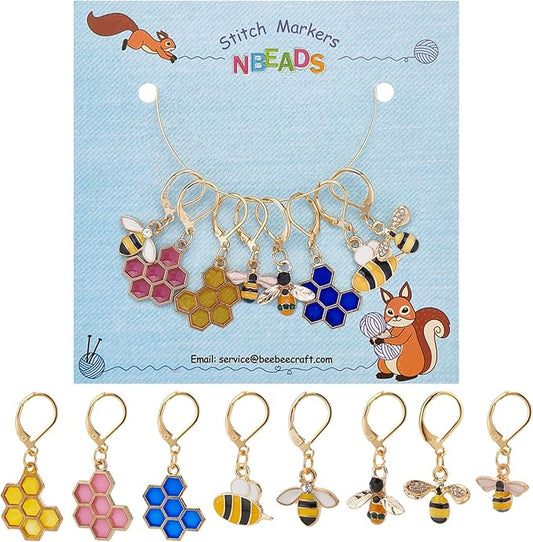 NBEADS 8 Pcs Bee Honeycomb Stitch Markers, 8 Styles Alloy Crochet Stitch Marker Charms Removable Lobster Clasp Locking Stitch Marker for Knitting Weaving Sewing Accessories Quilting Handmade Jewelry