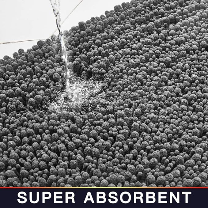 Walensee Bathroom Rug Non Slip Bath Mat (24x17 Inch Grey) Water Absorbent Super Soft Shaggy Chenille Machine Washable Dry Extra Thick Perfect Absorbant Best Small Plush Carpet for Shower Floor