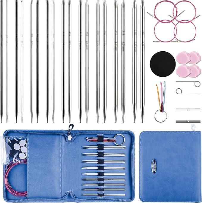 Froggod 4.5-Inch Aluminum Lace Interchangeable Circular Knitting Needle Set, Sizes US 1, 1.5, 2, 2.5, 4, 5, 6, 7 Interchangeable Knitting Needles Lace-Tip with 4 Assorted Cables with Project Bag