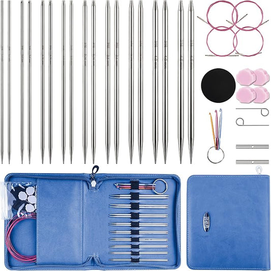Froggod 4.5-Inch Aluminum Lace Interchangeable Circular Knitting Needle Set, Sizes US 1, 1.5, 2, 2.5, 4, 5, 6, 7 Interchangeable Knitting Needles Lace-Tip with 4 Assorted Cables with Project Bag