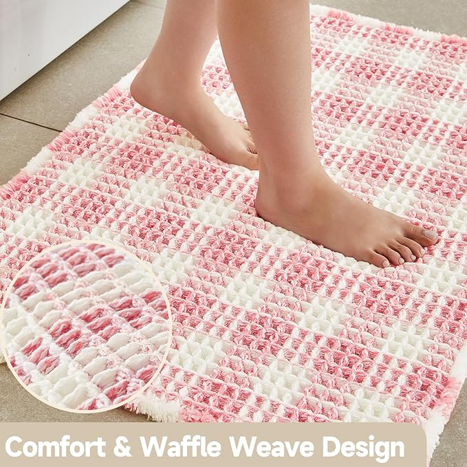 Waffle Bath Mat, Boho Bathroom Rugs Non Slip Washable Absorbent Checkered Bathroom Mat Quick Dry Cute Bath Mat, 48"x24" Pink and White