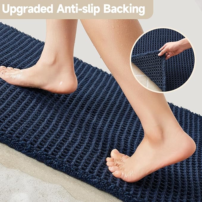 Waffle Bath Mat, Boho Bathroom Rugs Non Slip Washable Super Absorbent Quick Dry Bath Mat Farmhouse Bathroom Decor, 24"x16" Navy Blue