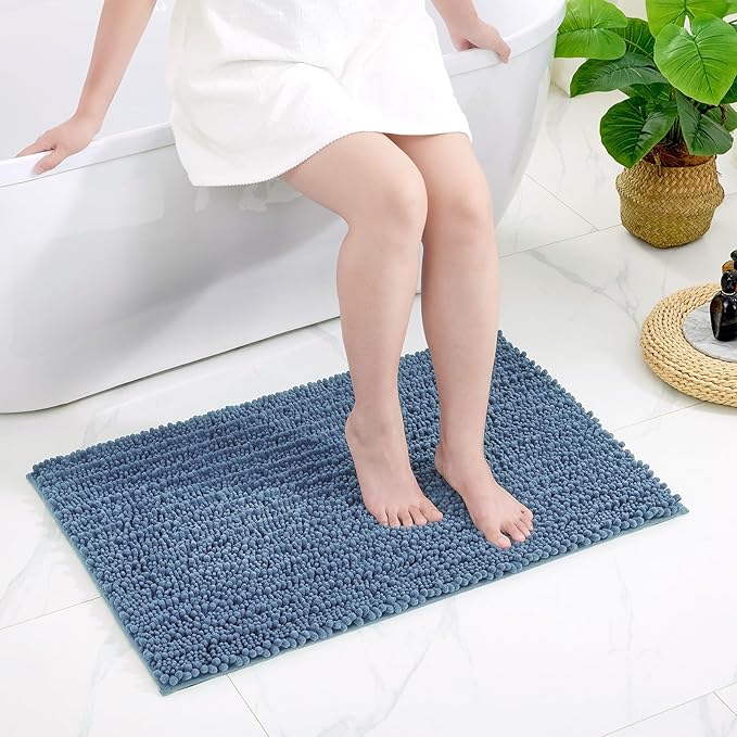 Small Bathroom Rug Non Slip Washable Blue Bath Mat 17x24 Super Absorbent Soft Bathroom Floor Mat Chenille Bath Rug for Shower Tub
