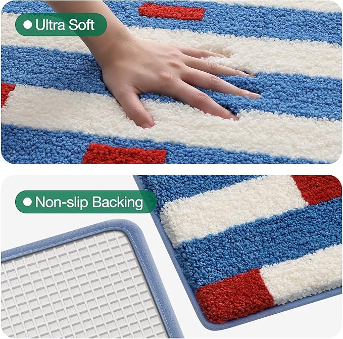 LUMI Bathroom Rugs with Blue White Stripe, Soft Absorbent Bath Mat for Modern Home Decor, Non-Slip Quick-Dry Bath Rug, Machine Washable Floor Mat for Shower and Tub, Entryway, 16"x24", Brick Line