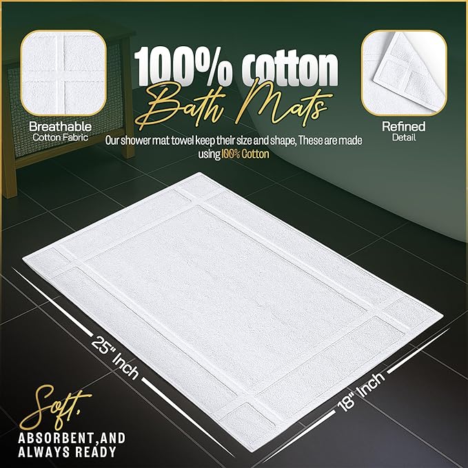 Pearl Linens Pack of 12 100% Cotton Bath Mat 18x25 inches, Soft & Absorbent Quick Dry Bathroom Mat Set, Not Bathroom Rugs, After Shower Mat, Bath Tub Mat, 687 GSM, Machine Washable, White