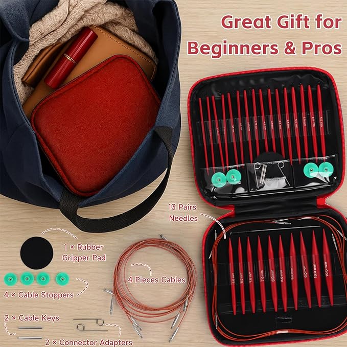 Interchangeable Circular Knitting Needles Set, 13 Pairs (26pcs) Matte Red Aluminum Knitting Needles Kit, Sizes 3.0mm–10.0mm, Knitting Needle Case & Accessories for Knitting Beginners & Advanced