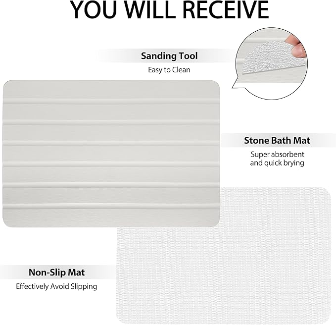 Absorbent Stone Bath Mat, Diatomaceous Earth Shower Mats, Non-Slip Water Absorbing Diatomite Stone Mat for Bathroom Floor, Quick-Drying Easy to Clean